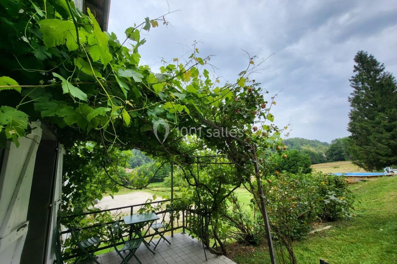 Terrasse avec table et chaises sous une pergola couverte de vignes, donnant sur un jardin verdoyant et un paysage rural.
