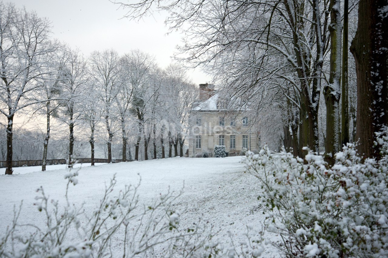 Manoir entouré d'arbres et d'un jardin recouverts de neige en hiver, sous un ciel gris clair.
