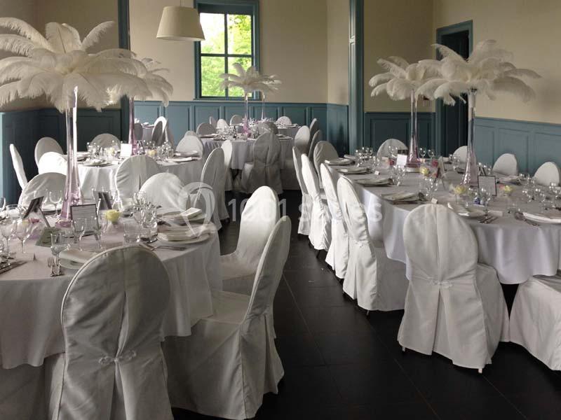 Salle de réception décorée avec des tables rondes, nappes blanches et centres de table ornés de plumes blanches.