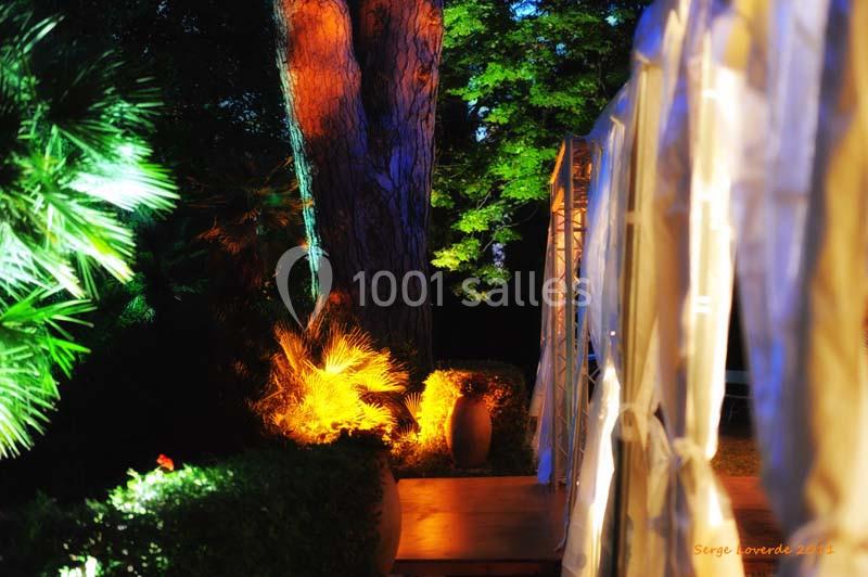 Location salle La Cadière-d'Azur (Var) - Château de Rochebelle - Var #13 Éclairage nocturne coloré mettant en valeur des arbres, des plantes et une structure textile dans un jardin.