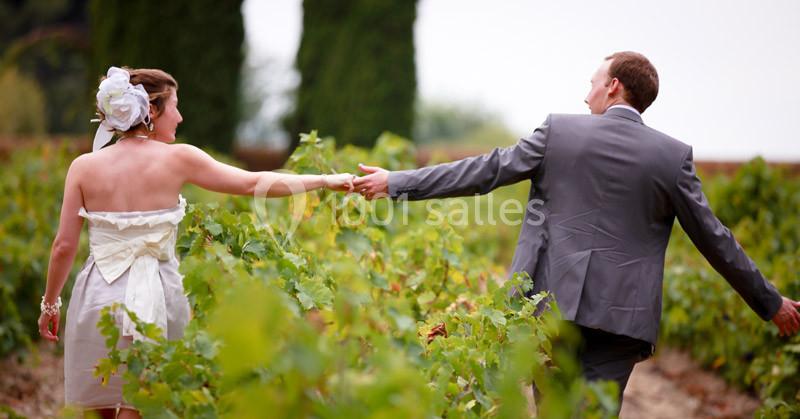 Location salle La Cadière-d'Azur (Var) - Château de Rochebelle - Var #19 Un couple en tenue de mariage se tient la main en marchant dans un vignoble verdoyant.