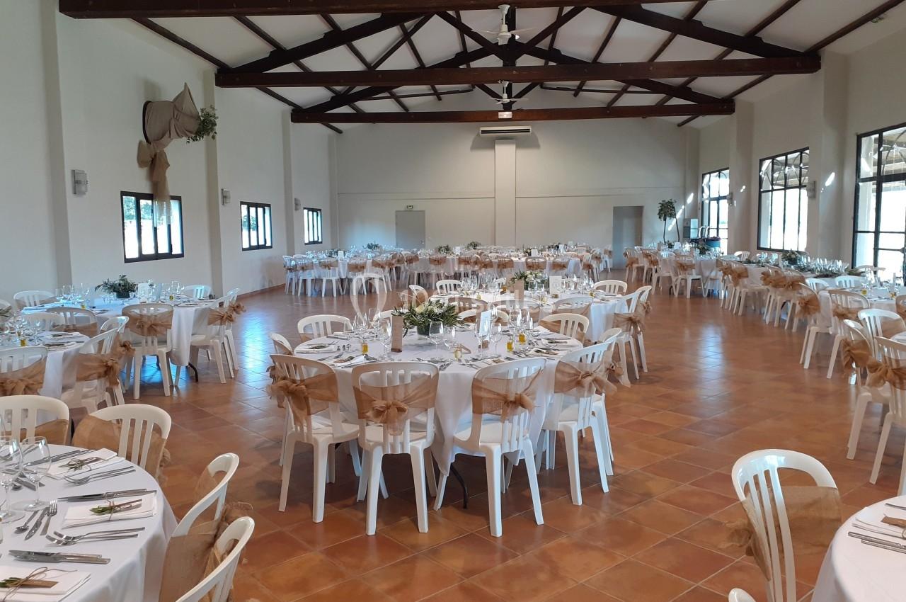Salle de réception décorée pour un événement, avec des tables rondes dressées et des chaises ornées de nœuds beiges.