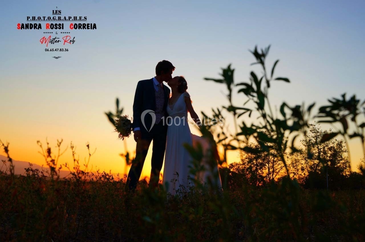 Un couple en tenue de mariage s'embrasse au coucher du soleil dans un champ, entouré de végétation.