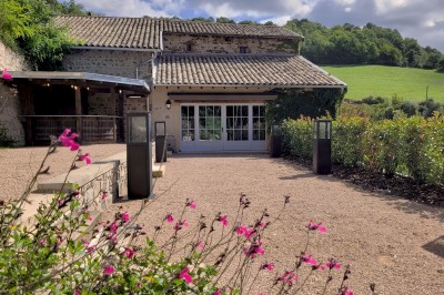 Miniature Location salle Beaujeu (Rhône) - Le Domaine de Vavril #28 Salle voûtée en pierre avec un sol en béton poli, éclairée par des lumières chaudes, et un vase de fleurs au centre.