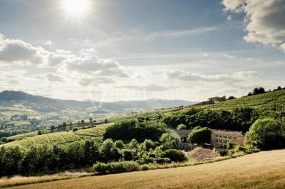 Miniature Location salle Beaujeu (Rhône) - Le Domaine de Vavril #27 Salle voûtée en pierre avec un sol en béton poli, éclairée par des lumières chaudes, et un vase de fleurs au centre.