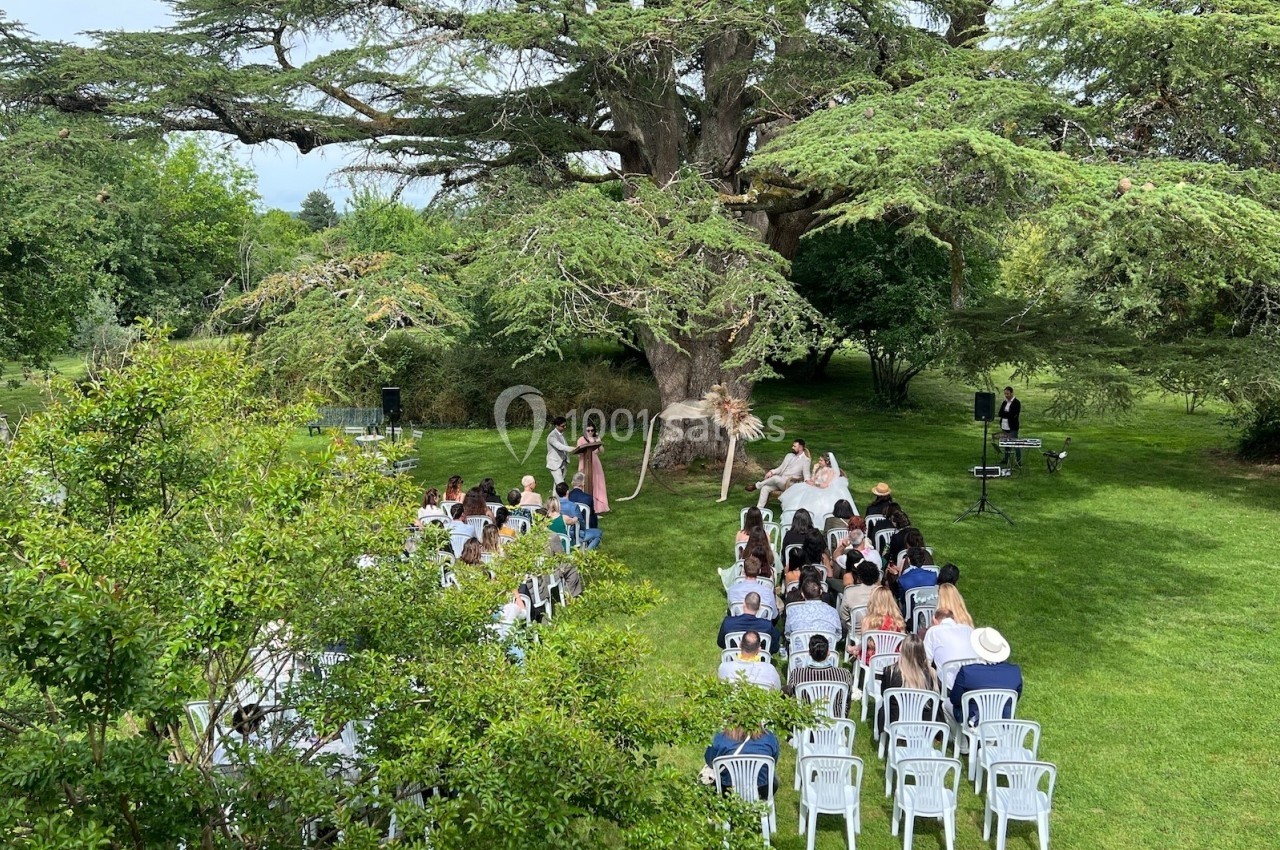 Cérémonie de mariage en plein air sous un grand arbre, avec des invités assis en rangées sur des chaises blanches.