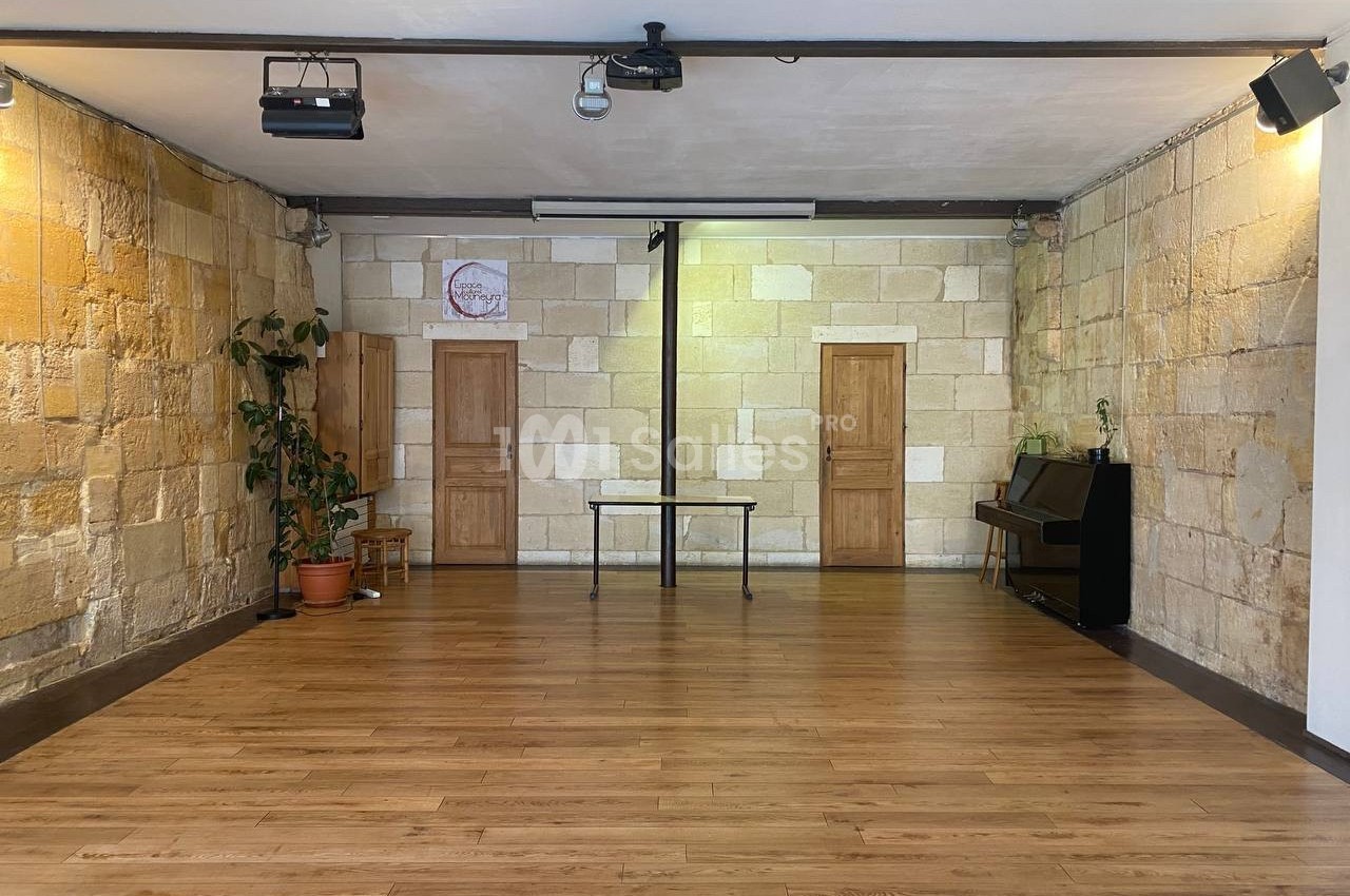 Salle lumineuse avec parquet en bois, murs en pierre, deux portes en bois, un piano et des plantes en pot.