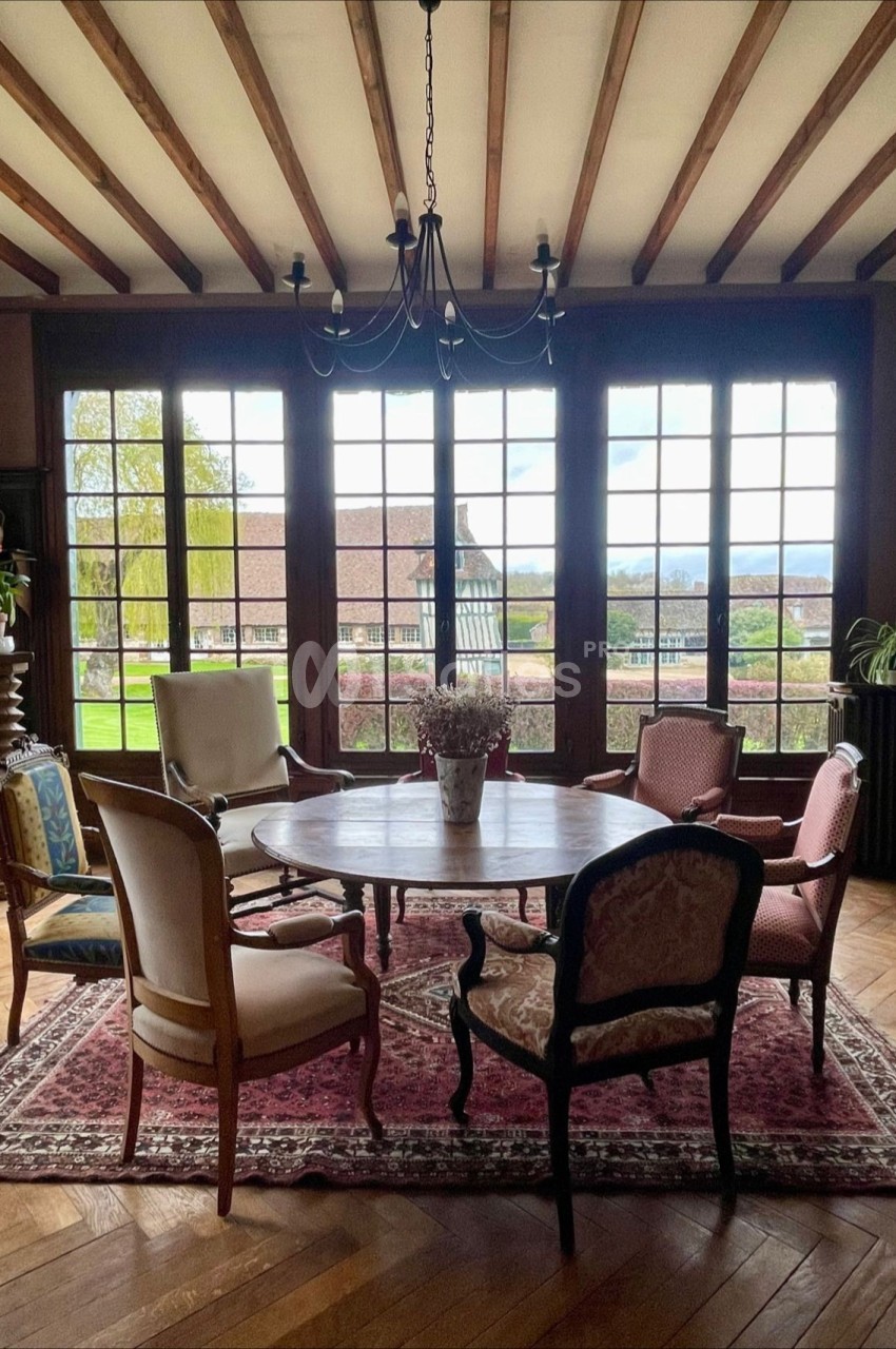 Salle à manger lumineuse avec table ronde, chaises dépareillées, tapis rouge et grandes fenêtres donnant sur un jardin.