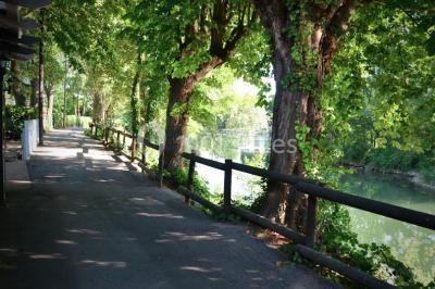 Chemin ombragé bordé d'arbres longeant une rivière calme, avec une barrière en bois sur le côté.