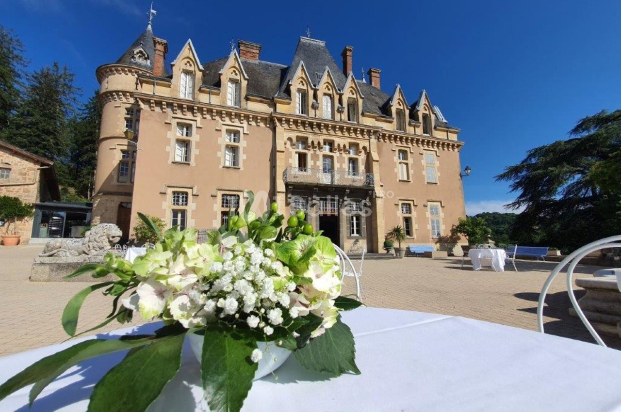 Façade d'un château en pierre sous un ciel bleu, avec un bouquet de fleurs blanches au premier plan.