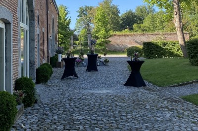 Miniature Location salle Hannut (Liège) - Château d'Avin #21 Manoir blanc entouré de pelouses et d'arbres, avec un étang au premier plan reflétant le bâtiment.