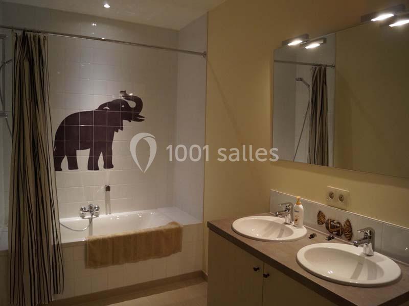 Salle de bain avec baignoire ornée d'un motif d'éléphant, double vasque et miroir éclairé.