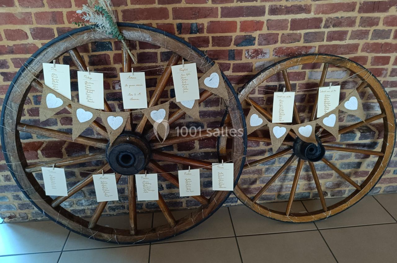 Deux roues en bois décorées de cœurs et de cartons suspendus affichant des noms, posées contre un mur de briques.
