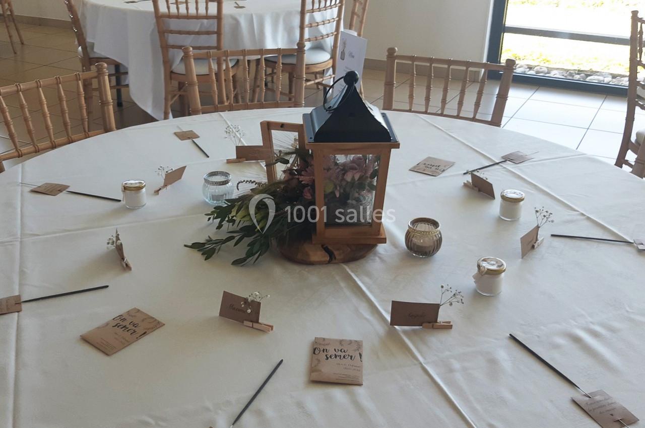 Centre de table avec lanterne, fleurs et bougies, entouré de marque-places sur une table ronde dressée.