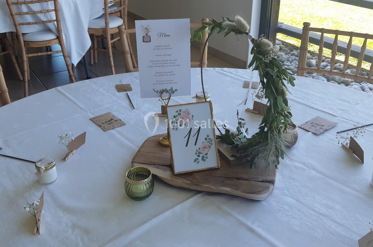 Table décorée pour un événement avec menu, numéro de table, fleurs, bougies et marque-places sur une nappe blanche.