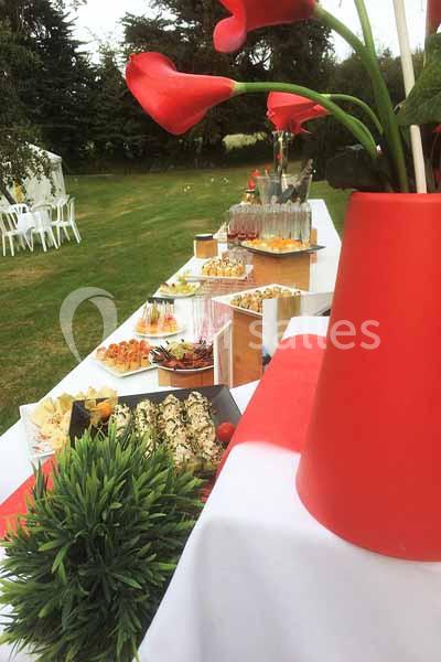Buffet en plein air avec plats variés, boissons et décorations colorées sur une longue table blanche.