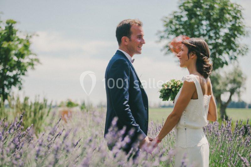 Location salle Piolenc (Vaucluse) - Château Beauchêne #8 Un couple en tenue de mariage se tient la main dans un champ de lavande sous un ciel clair.