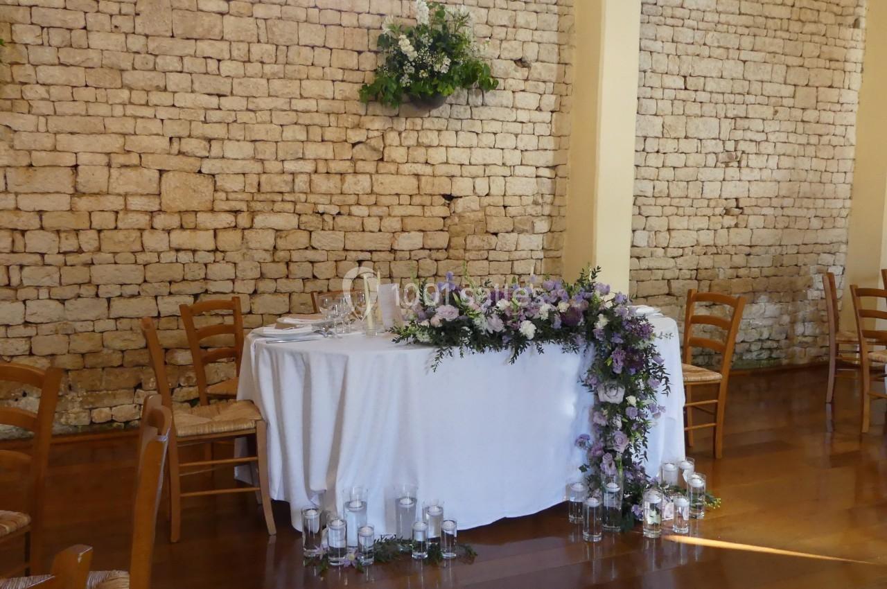 Location salle Sainte-Gemme-la-Plaine (Vendée) - Château de la Chevallerie #21 Table décorée pour un mariage avec nappes blanches, fleurs violettes et blanches, bougies et mur en pierre en arrière-plan.