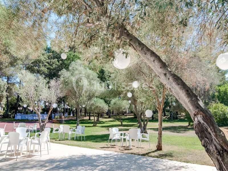 Chaises et tables blanches disposées sous des arbres avec des lanternes suspendues dans un parc verdoyant.