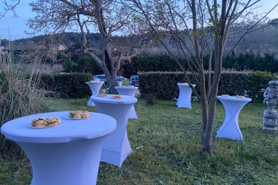 Miniature Location salle Ansouis (Vaucluse) - Le Grand Turcan #9 Salle avec un ancien pressoir en bois, des tonneaux, une table rouge avec bouteilles et des verres à vin.