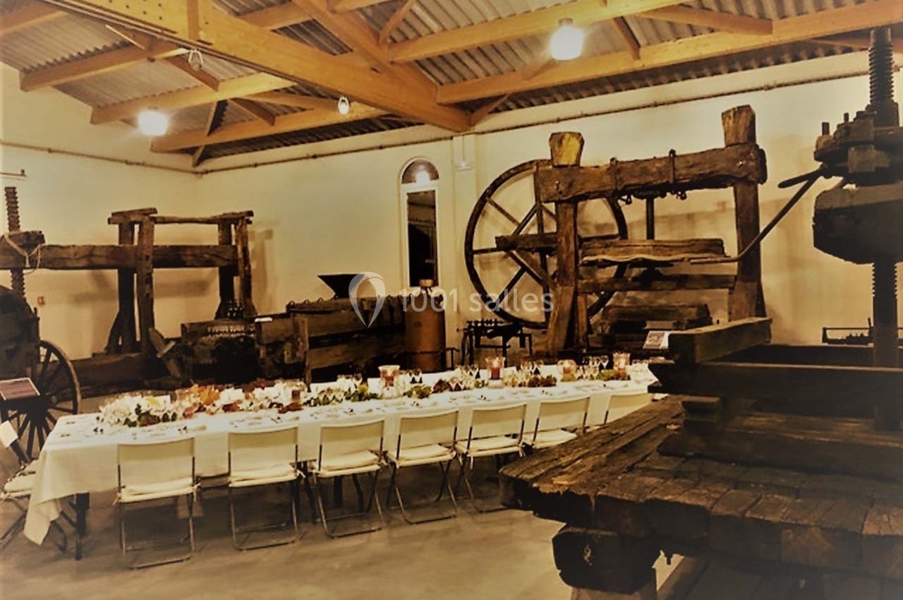 Location salle Ansouis (Vaucluse) - Le Grand Turcan #17 Salle avec des pressoirs anciens en bois exposés, une longue table dressée pour un repas au centre.