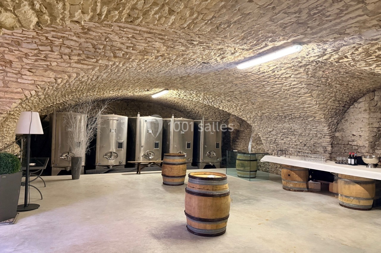 Cave voûtée en pierre avec des fûts en bois, des cuves en inox et un espace aménagé avec une table et des décorations.