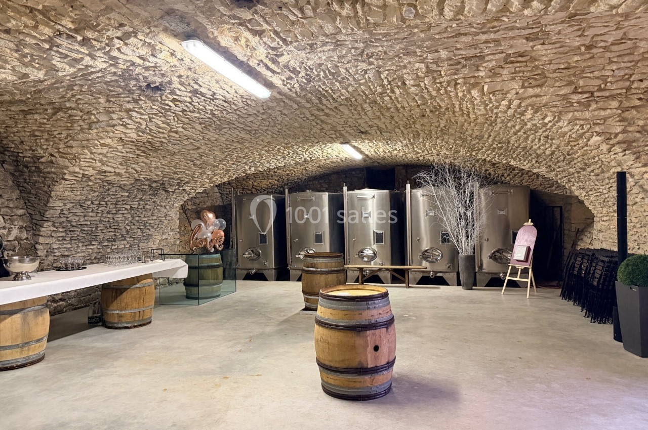 Cave voûtée en pierre avec des cuves en inox, des tonneaux en bois et une table dressée sur le côté.