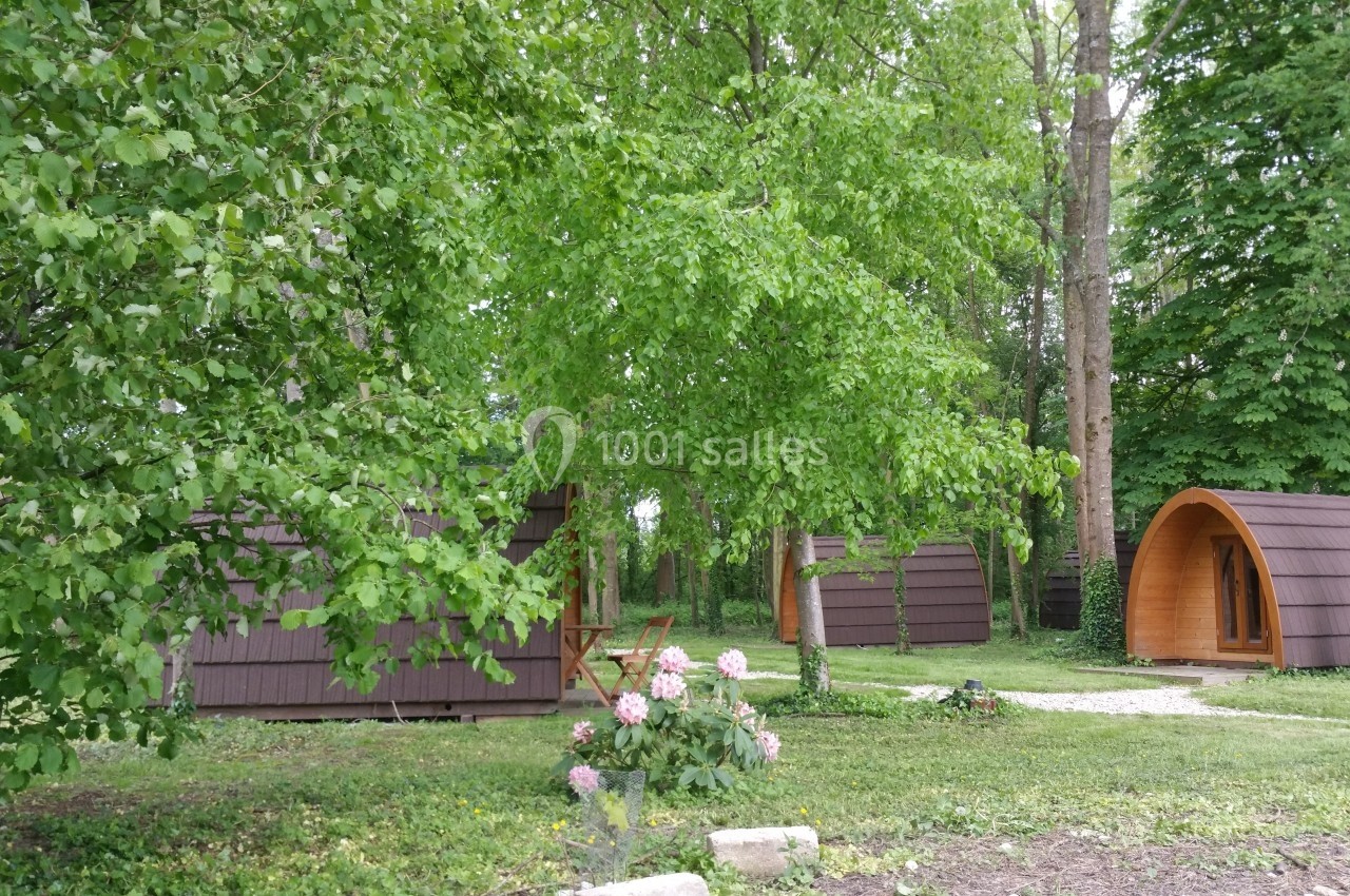 Cabines en bois entourées d'arbres dans un espace vert, avec des fleurs roses au premier plan.