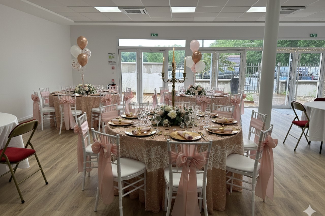 Salle décorée pour un événement avec tables rondes ornées de nappes roses, fleurs, bougies et chaises habillées de rubans.
