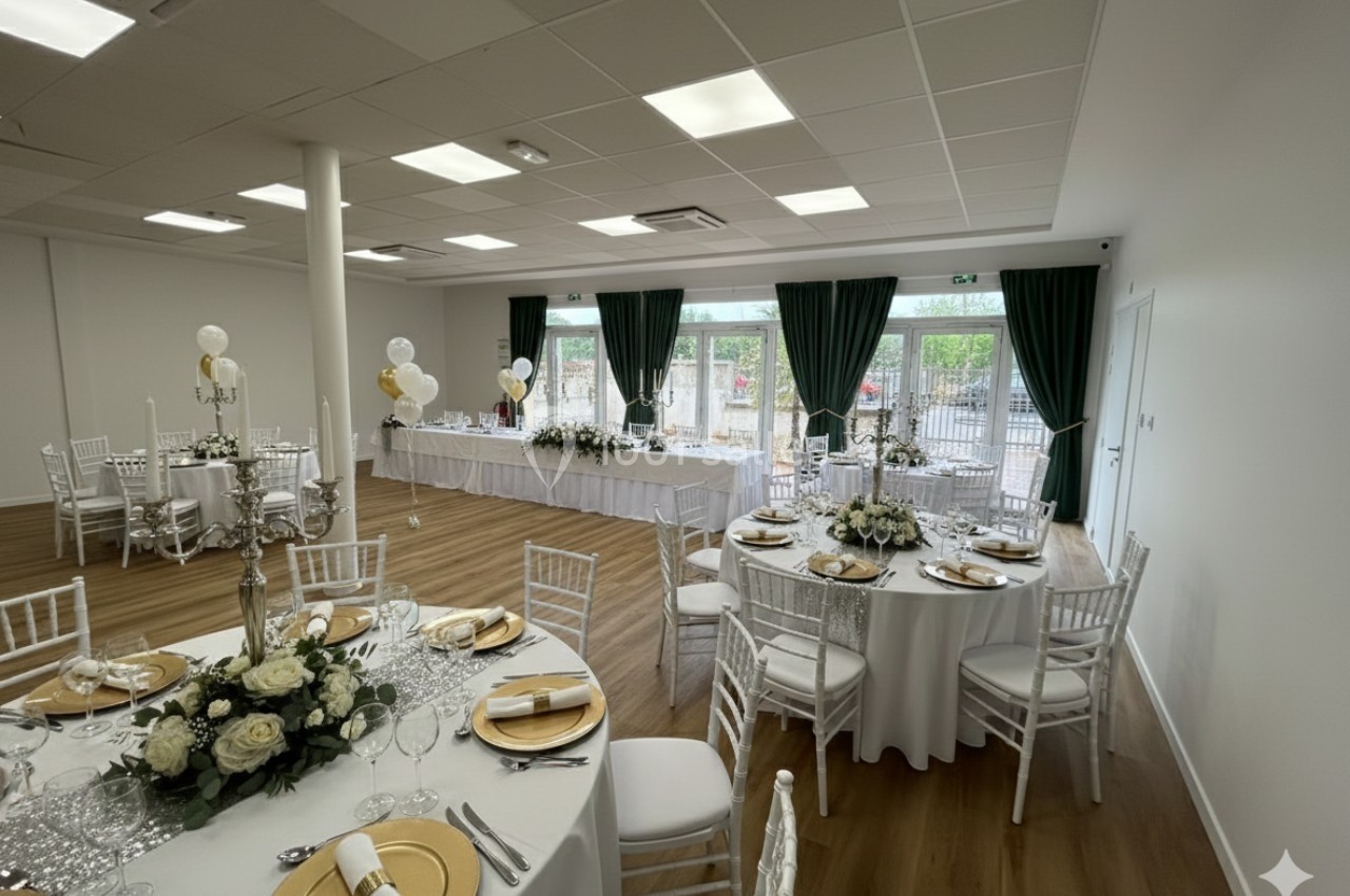 Salle de réception lumineuse avec tables rondes décorées de fleurs blanches et dorées, vue sur des baies vitrées.