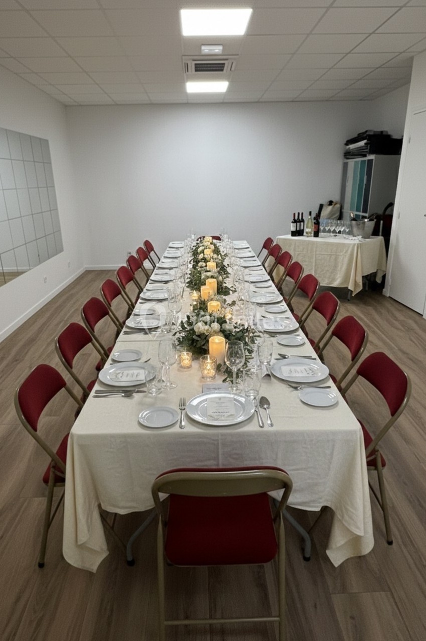 Table dressée pour un repas, avec nappes blanches, bougies, fleurs et chaises rouges dans une salle lumineuse.